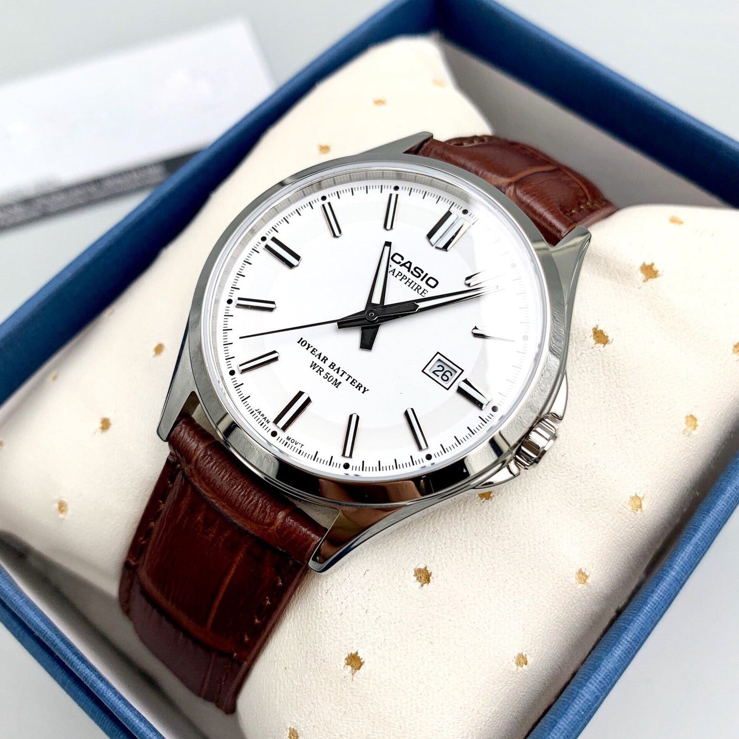 Casio Enticer Sapphire Date Stainless Steel Leather Belt Watch MTS-100L-7AVDF