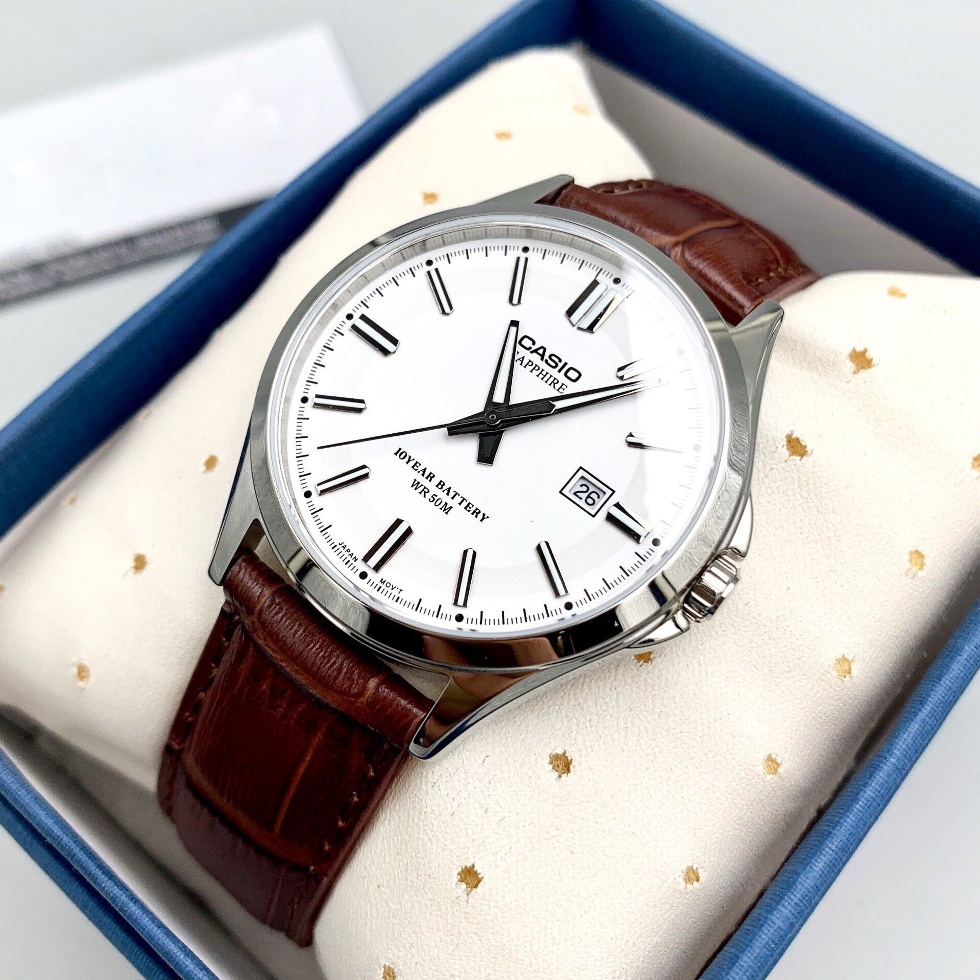 Casio Enticer Sapphire Date Stainless Steel Leather Belt Watch MTS-100L-7AVDF