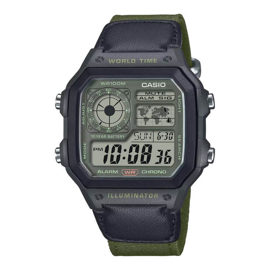 Casio Youth World Time Digital Nylon Belt Watch AE-1200WHUB-3AVCF