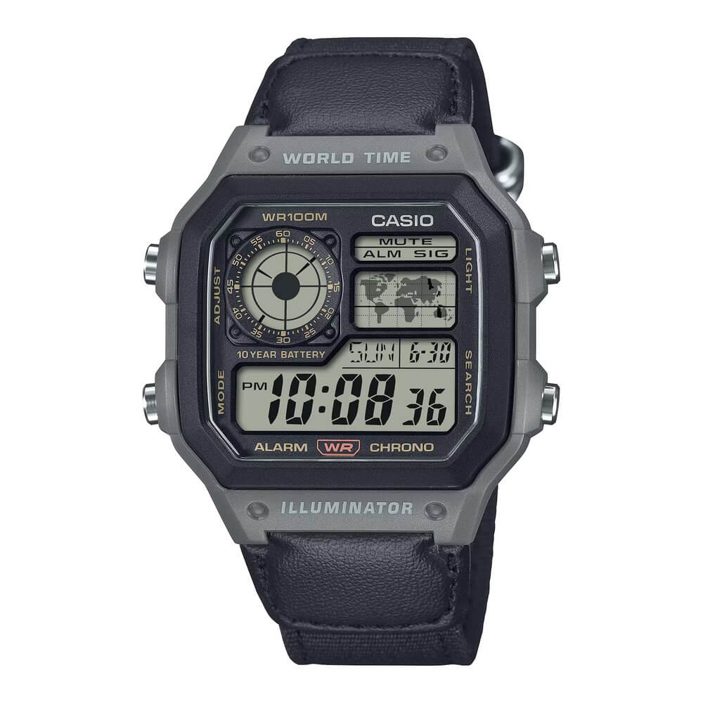 Casio Youth World Time Digital Nylon Belt Watch AE-1200WHUB-8AVCF