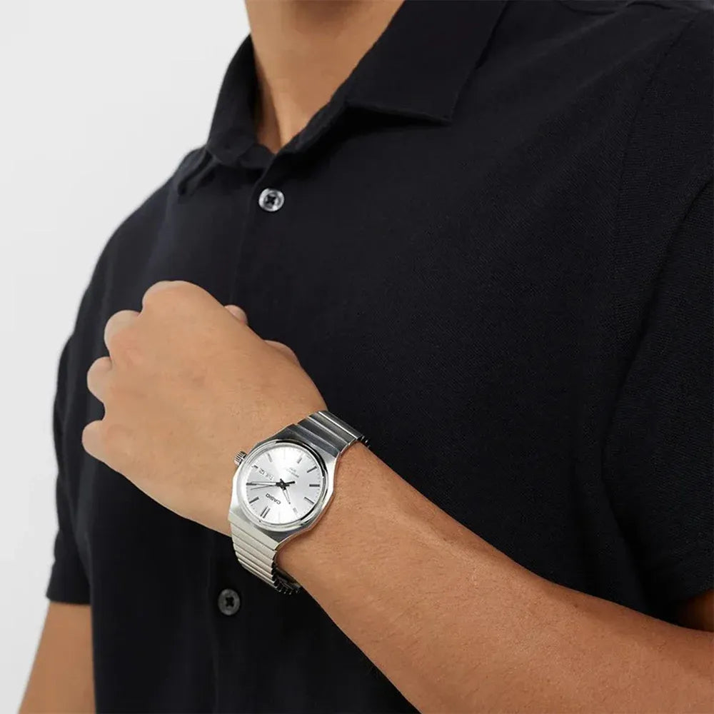 Casio Analog Men's Watch - MTP-E735D-7AVDF, Stainless Steel Band, Silver/White CASIO